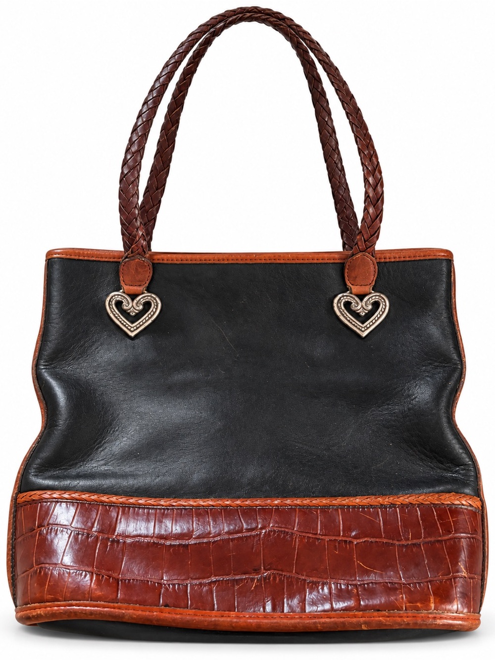 Brighton Black Brown Leather Shoulder Tote Braided Straps Heart Hardware